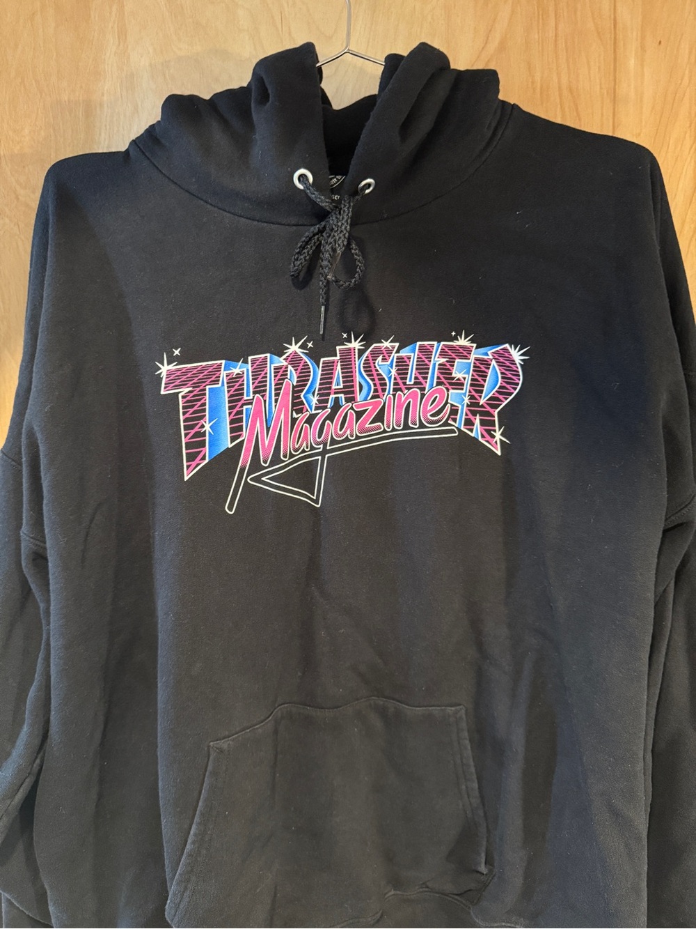 Thrasher Black Hoodie with Pink and Blue Logo